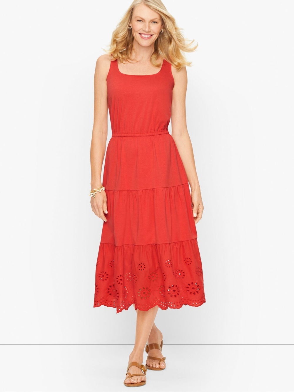 Talbots Jersey Eyelet Tiered Midi Dress Coral Size XS Petite / XSP